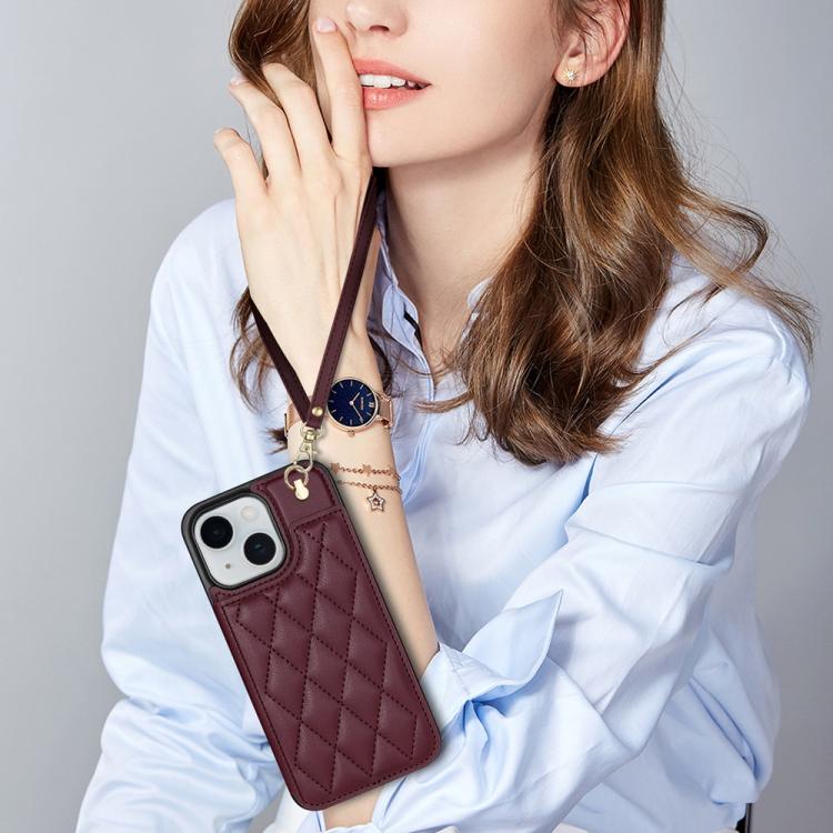 For iPhone 15 Rhombic Dual Buckle Card Slots Phone Case with Lanyard