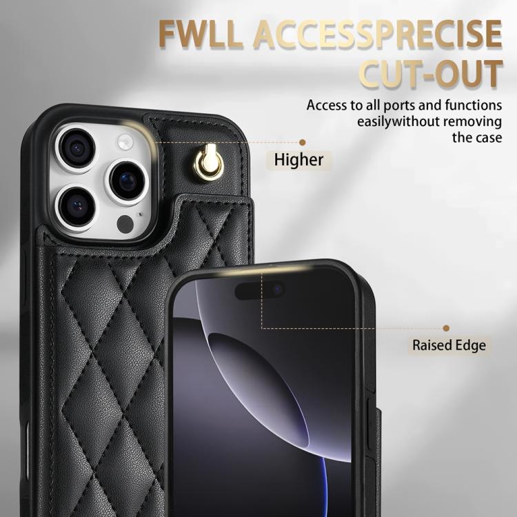For iPhone 14 Pro Max Rhombic Dual Buckle Card Slots Phone Case with Lanyard