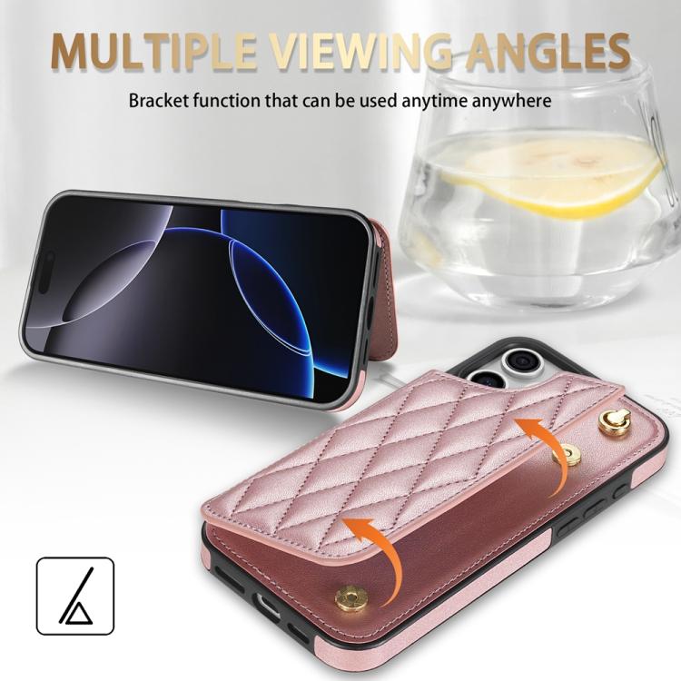 For iPhone 14 Pro Max Rhombic Dual Buckle Card Slots Phone Case with Lanyard