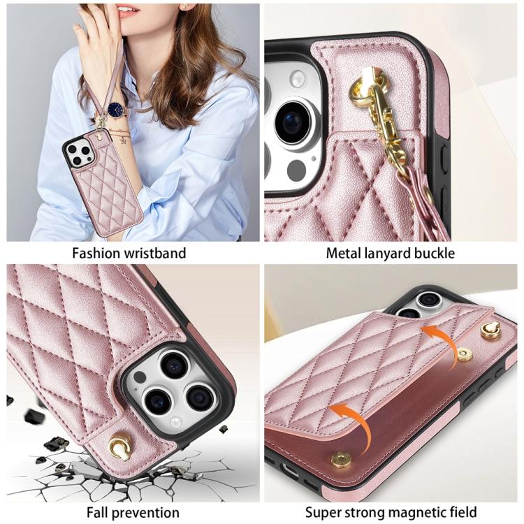 For iPhone 14 Pro Max Rhombic Dual Buckle Card Slots Phone Case with Lanyard