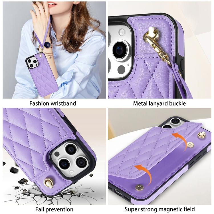 For iPhone 14 Pro Max Rhombic Dual Buckle Card Slots Phone Case with Lanyard