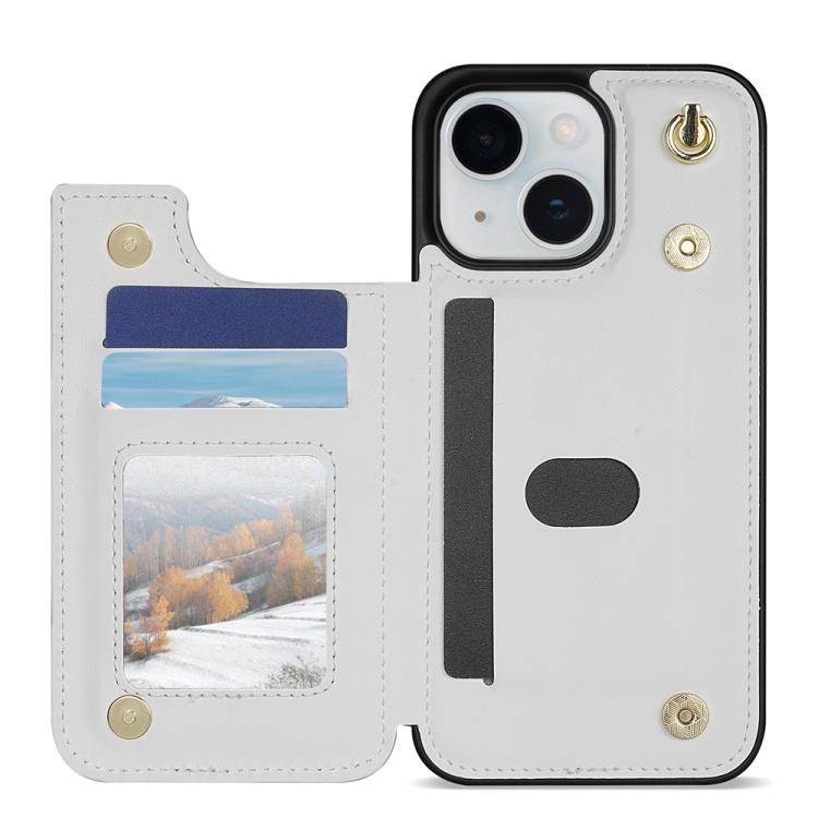 For iPhone 14 Plus Rhombic Dual Buckle Card Slots Phone Case with Lanyard