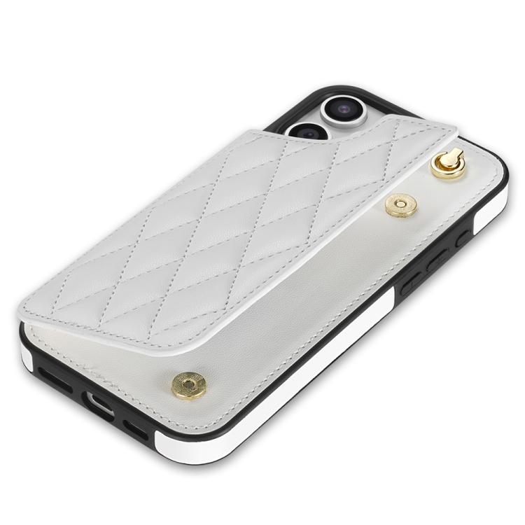 For iPhone 14 Plus Rhombic Dual Buckle Card Slots Phone Case with Lanyard