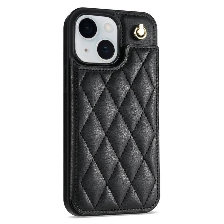 For iPhone 14 Plus Rhombic Dual Buckle Card Slots Phone Case with Lanyard