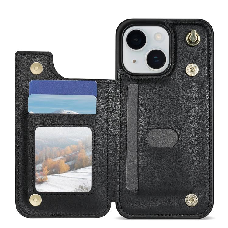 For iPhone 14 Plus Rhombic Dual Buckle Card Slots Phone Case with Lanyard