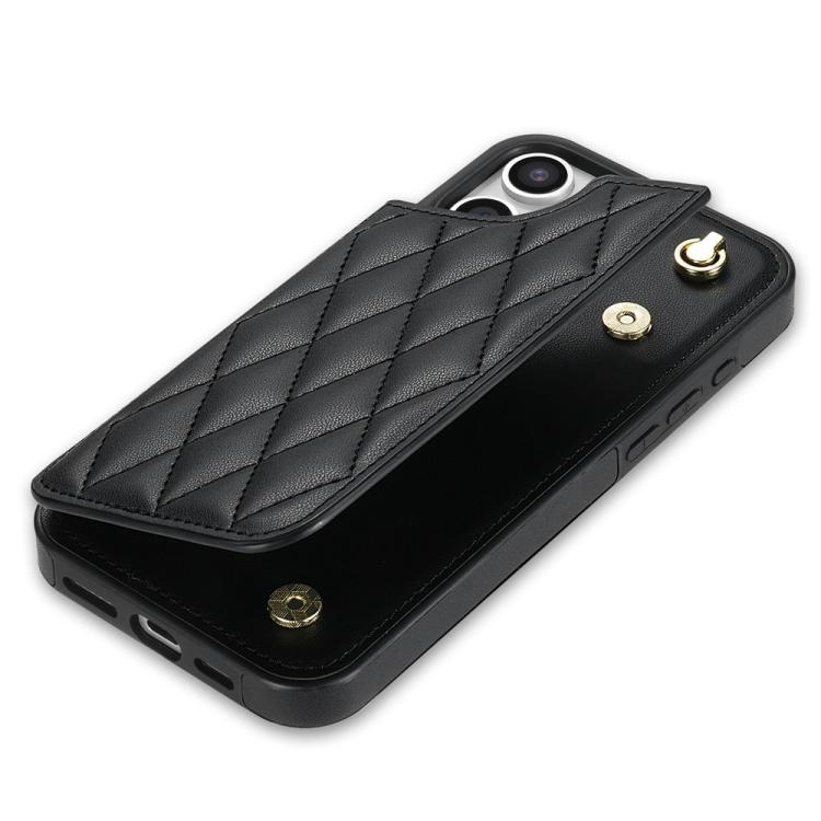 For iPhone 14 Plus Rhombic Dual Buckle Card Slots Phone Case with Lanyard