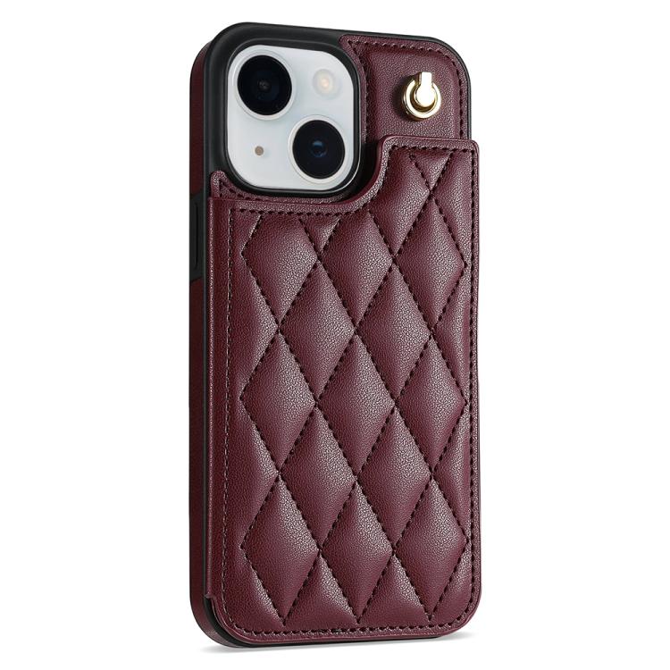 For iPhone 14 Plus Rhombic Dual Buckle Card Slots Phone Case with Lanyard