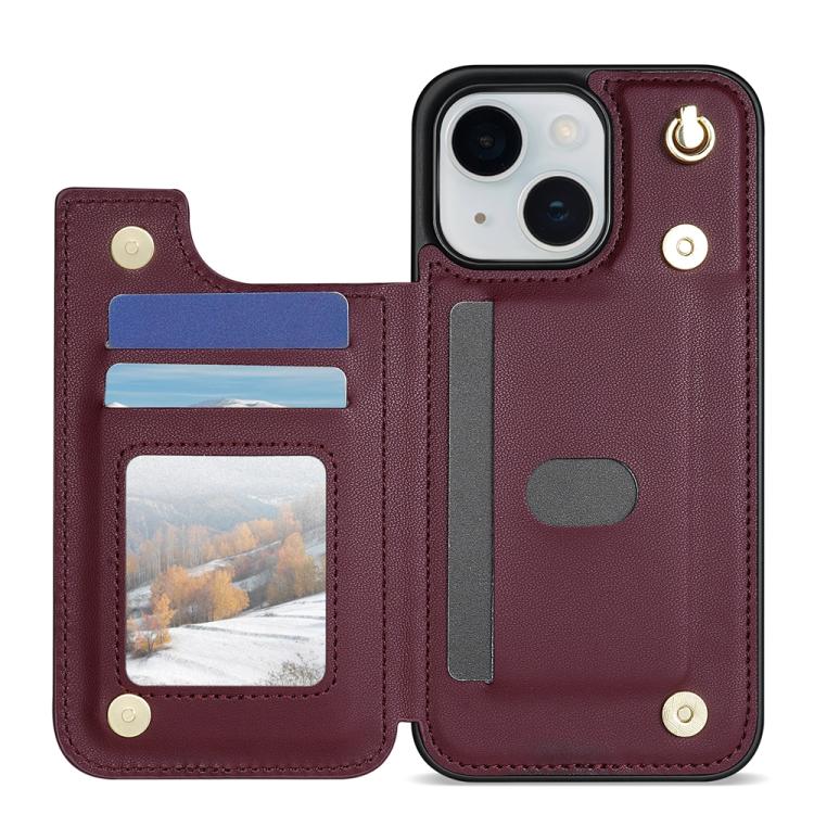 For iPhone 14 Plus Rhombic Dual Buckle Card Slots Phone Case with Lanyard