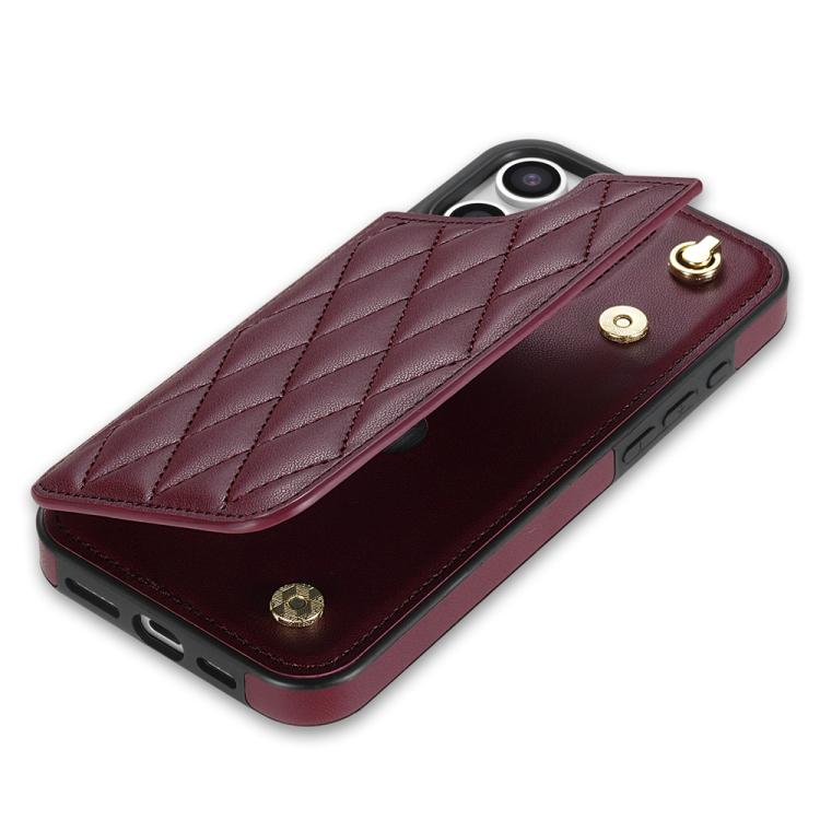 For iPhone 14 Plus Rhombic Dual Buckle Card Slots Phone Case with Lanyard