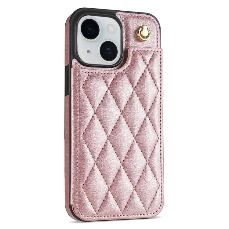 For iPhone 14 Plus Rhombic Dual Buckle Card Slots Phone Case with Lanyard