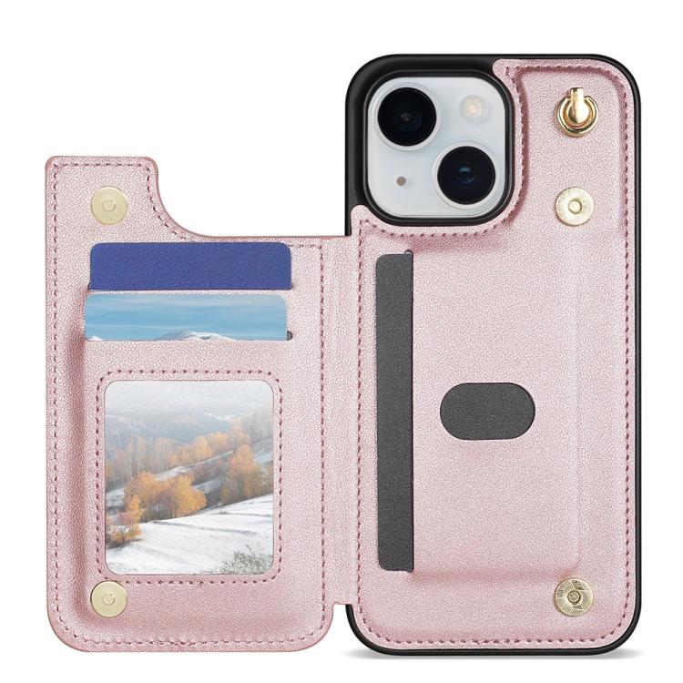 For iPhone 14 Plus Rhombic Dual Buckle Card Slots Phone Case with Lanyard