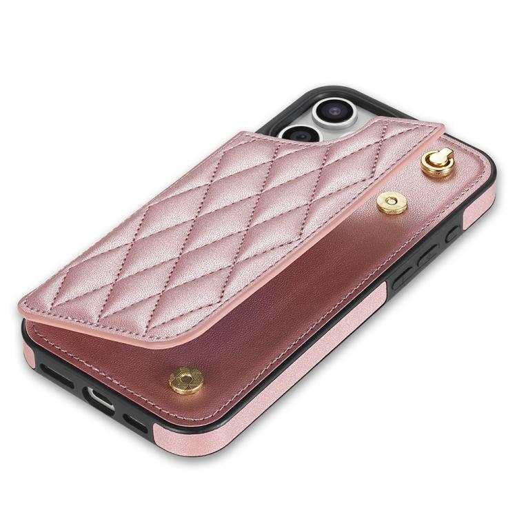 For iPhone 14 Plus Rhombic Dual Buckle Card Slots Phone Case with Lanyard