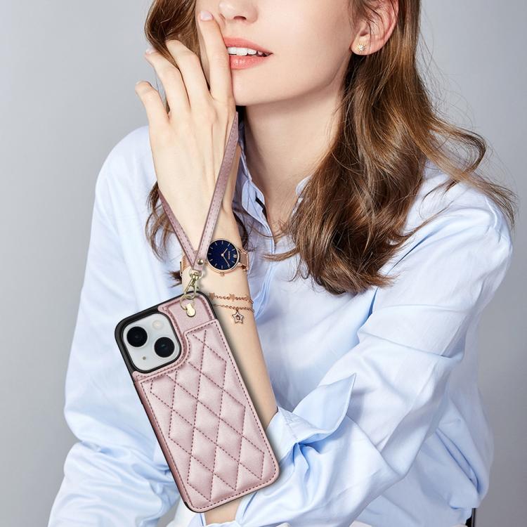 For iPhone 14 Plus Rhombic Dual Buckle Card Slots Phone Case with Lanyard