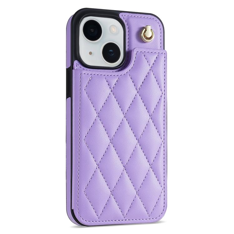 For iPhone 14 Plus Rhombic Dual Buckle Card Slots Phone Case with Lanyard