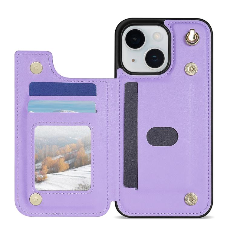 For iPhone 14 Plus Rhombic Dual Buckle Card Slots Phone Case with Lanyard
