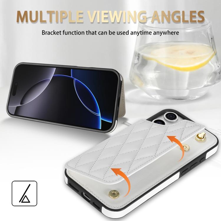 For iPhone 13 Pro Max Rhombic Dual Buckle Card Slots Phone Case with Lanyard