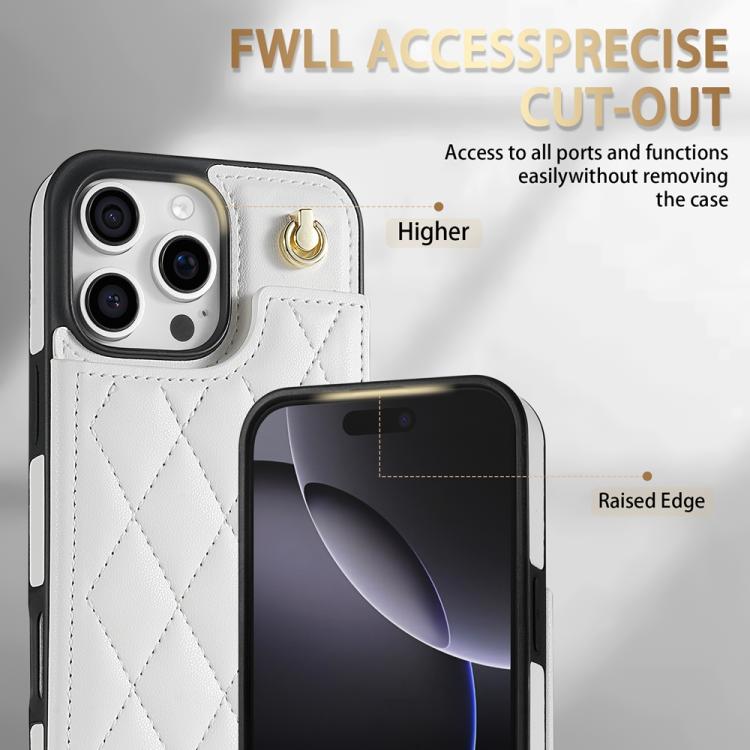 For iPhone 13 Pro Max Rhombic Dual Buckle Card Slots Phone Case with Lanyard