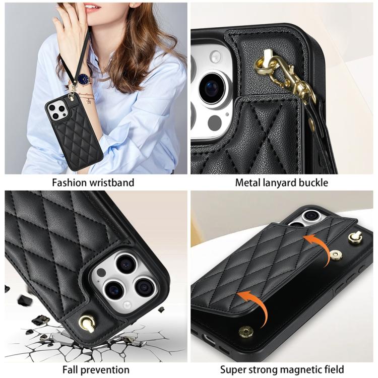 For iPhone 13 Pro Max Rhombic Dual Buckle Card Slots Phone Case with Lanyard