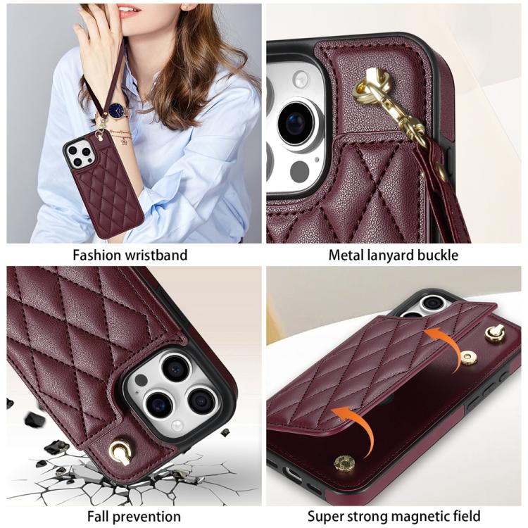 For iPhone 13 Pro Max Rhombic Dual Buckle Card Slots Phone Case with Lanyard