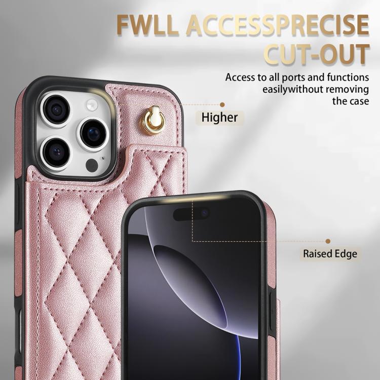 For iPhone 13 Pro Max Rhombic Dual Buckle Card Slots Phone Case with Lanyard