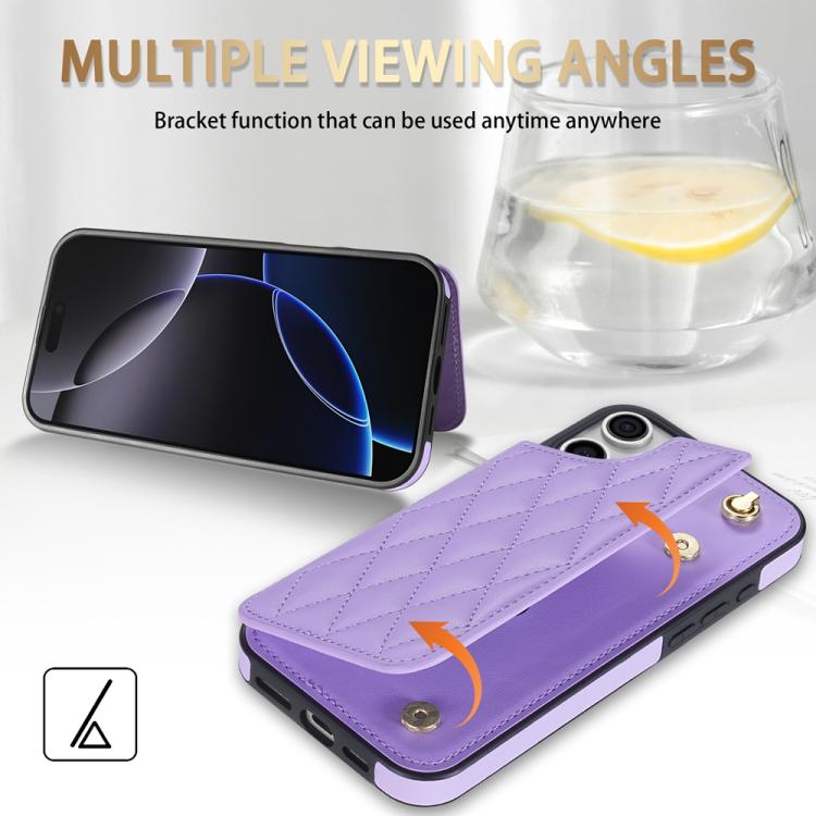 For iPhone 13 Pro Max Rhombic Dual Buckle Card Slots Phone Case with Lanyard