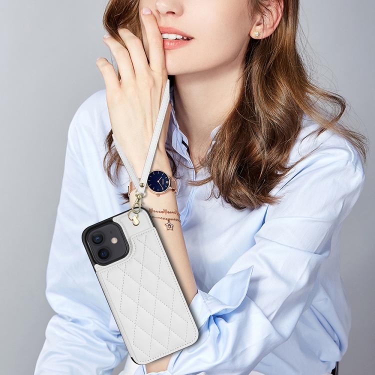 For iPhone 11 Rhombic Dual Buckle Card Slots Phone Case with Lanyard