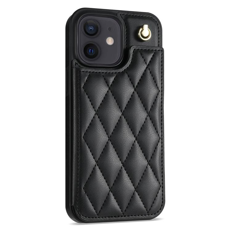 For iPhone 11 Rhombic Dual Buckle Card Slots Phone Case with Lanyard