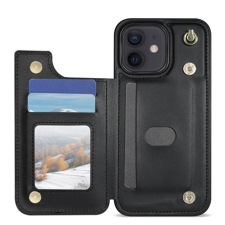 For iPhone 11 Rhombic Dual Buckle Card Slots Phone Case with Lanyard