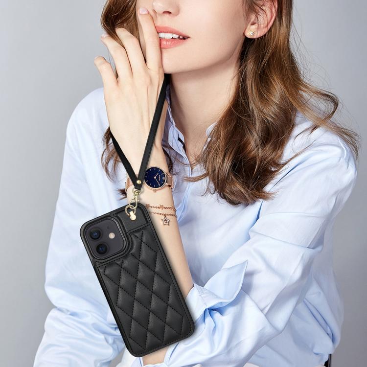 For iPhone 11 Rhombic Dual Buckle Card Slots Phone Case with Lanyard