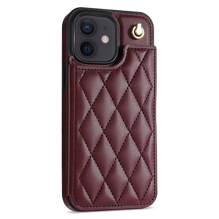 For iPhone 11 Rhombic Dual Buckle Card Slots Phone Case with Lanyard