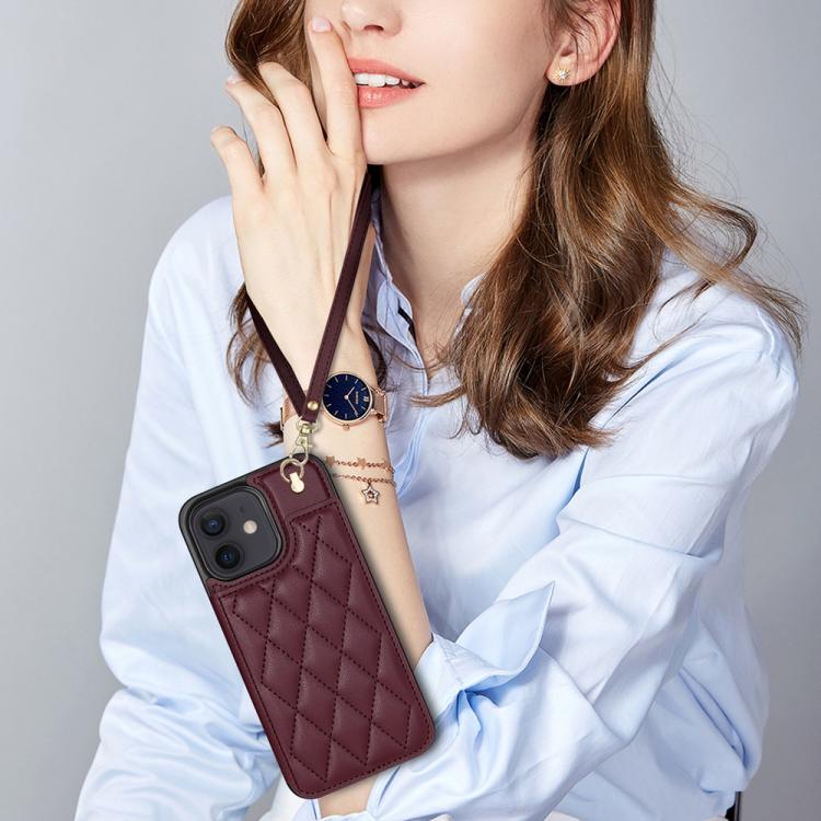 For iPhone 11 Rhombic Dual Buckle Card Slots Phone Case with Lanyard