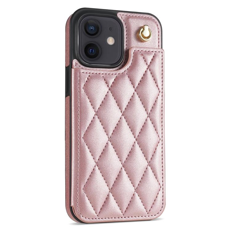 For iPhone 11 Rhombic Dual Buckle Card Slots Phone Case with Lanyard