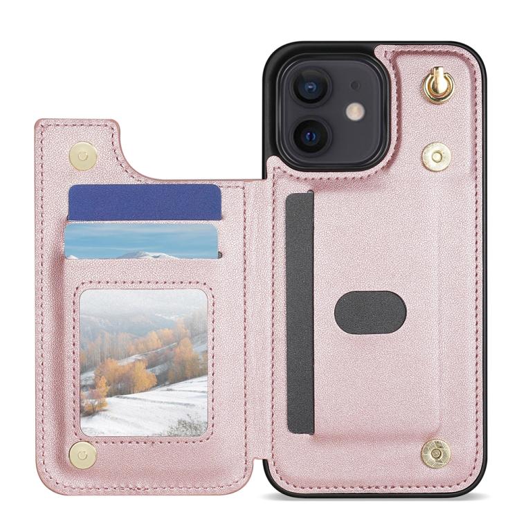 For iPhone 11 Rhombic Dual Buckle Card Slots Phone Case with Lanyard