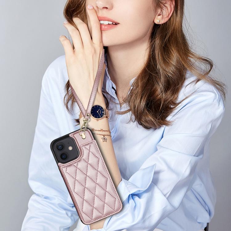 For iPhone 11 Rhombic Dual Buckle Card Slots Phone Case with Lanyard