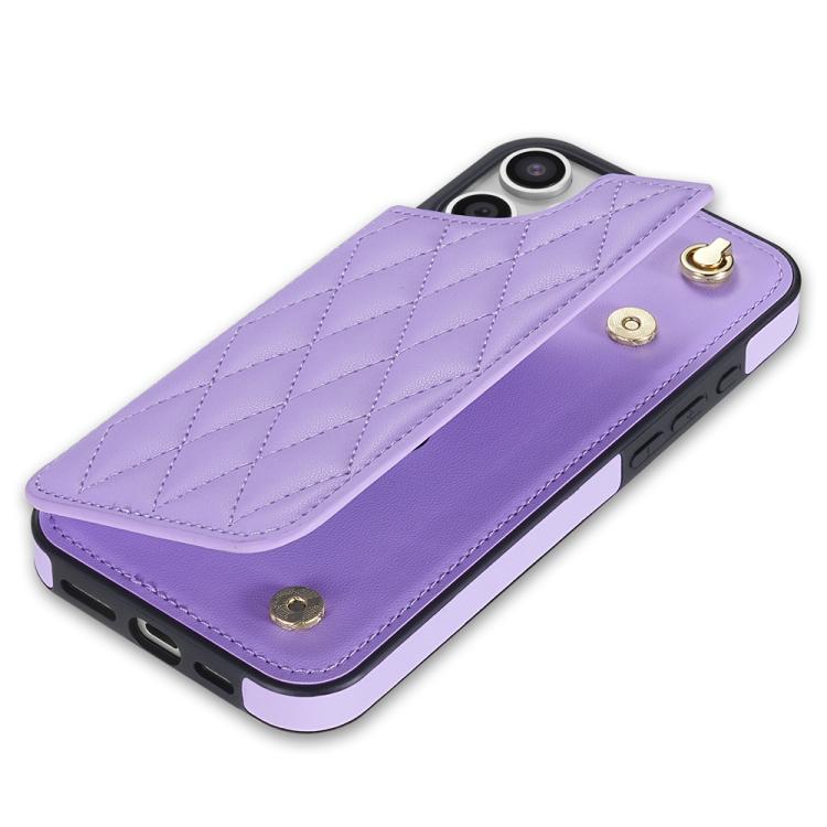 For iPhone 11 Rhombic Dual Buckle Card Slots Phone Case with Lanyard