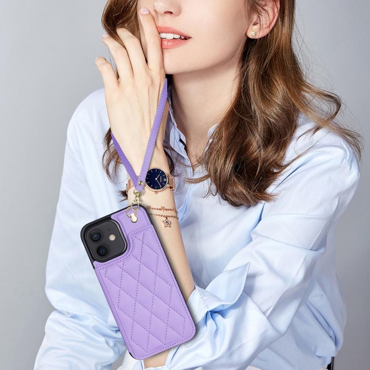 For iPhone 11 Rhombic Dual Buckle Card Slots Phone Case with Lanyard