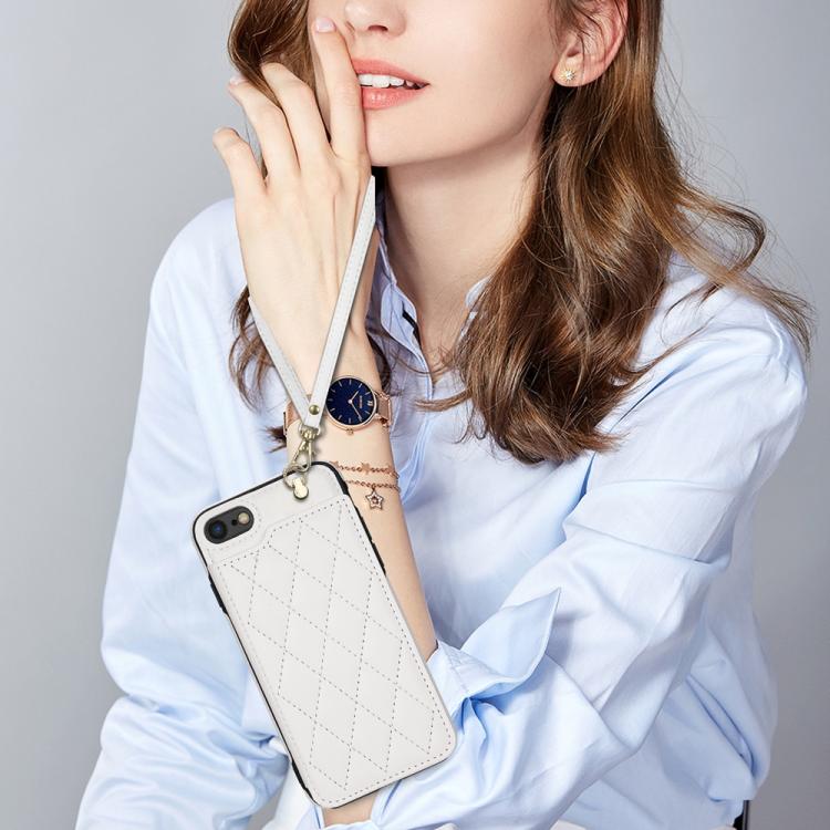 For iPhone 8 Plus / 7 Plus Rhombic Dual Buckle Card Slots Phone Case with Lanyard