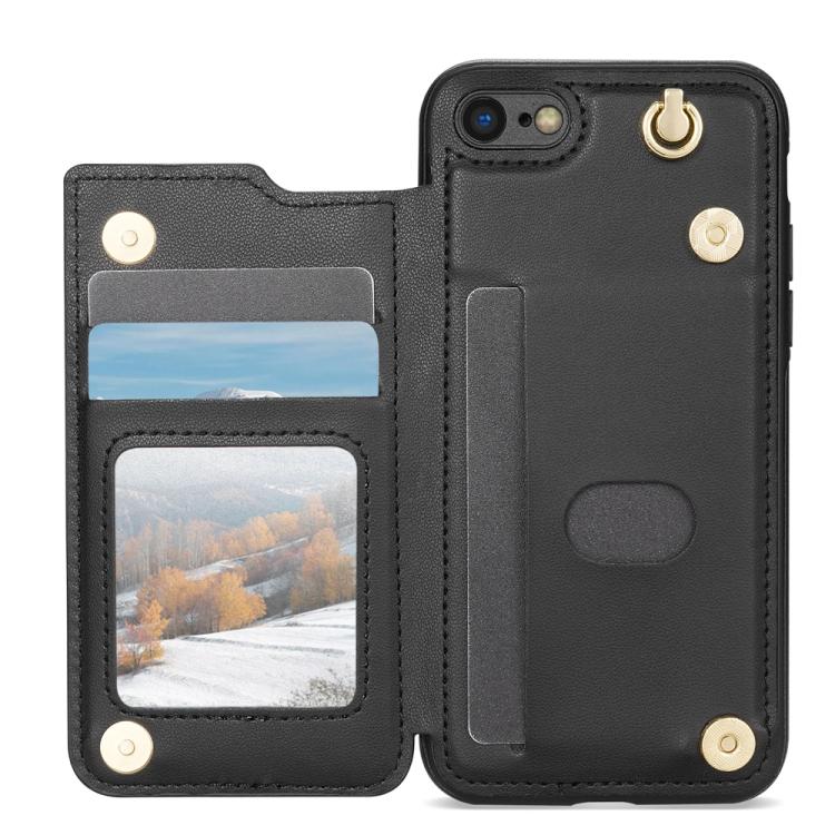 For iPhone 8 Plus / 7 Plus Rhombic Dual Buckle Card Slots Phone Case with Lanyard