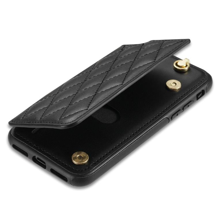 For iPhone 8 Plus / 7 Plus Rhombic Dual Buckle Card Slots Phone Case with Lanyard