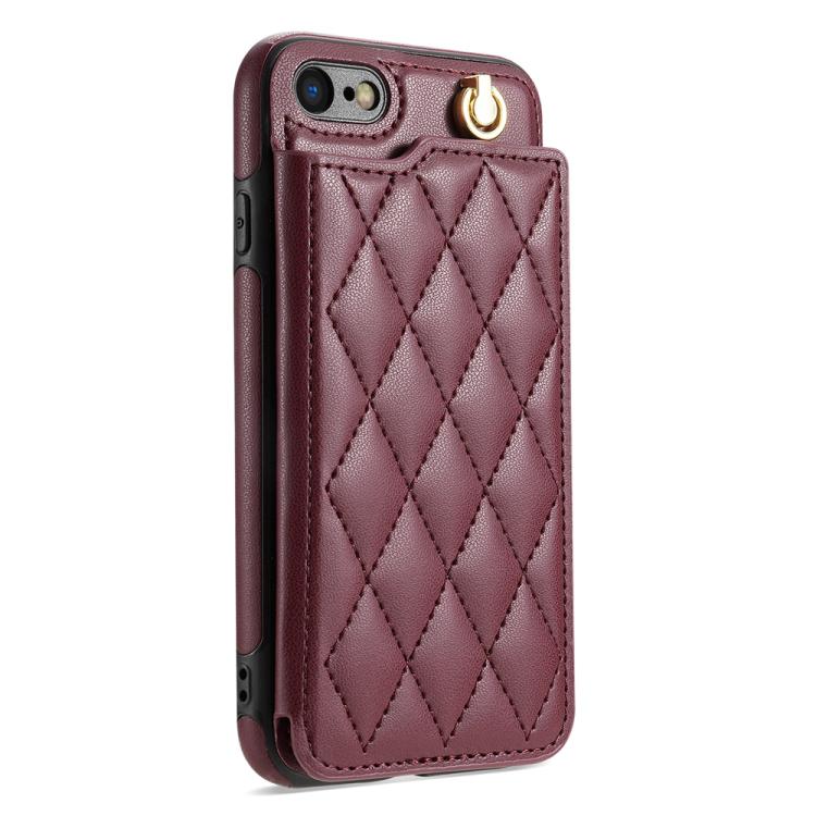 For iPhone 8 Plus / 7 Plus Rhombic Dual Buckle Card Slots Phone Case with Lanyard