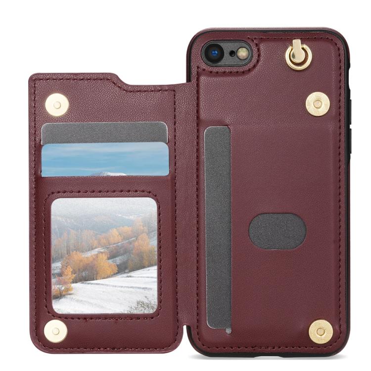 For iPhone 8 Plus / 7 Plus Rhombic Dual Buckle Card Slots Phone Case with Lanyard