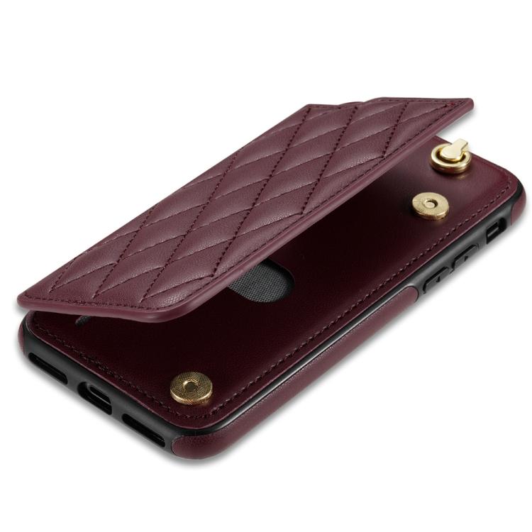 For iPhone 8 Plus / 7 Plus Rhombic Dual Buckle Card Slots Phone Case with Lanyard