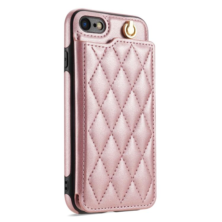 For iPhone 8 Plus / 7 Plus Rhombic Dual Buckle Card Slots Phone Case with Lanyard