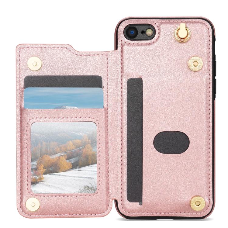 For iPhone 8 Plus / 7 Plus Rhombic Dual Buckle Card Slots Phone Case with Lanyard