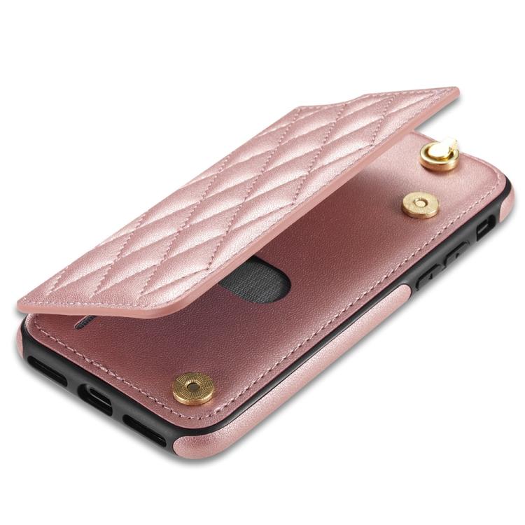 For iPhone 8 Plus / 7 Plus Rhombic Dual Buckle Card Slots Phone Case with Lanyard