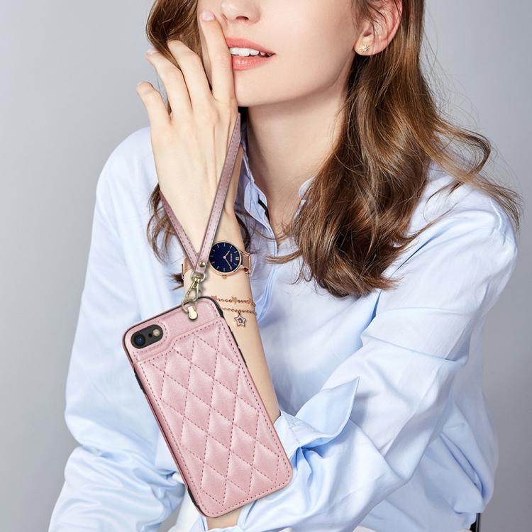 For iPhone 8 Plus / 7 Plus Rhombic Dual Buckle Card Slots Phone Case with Lanyard