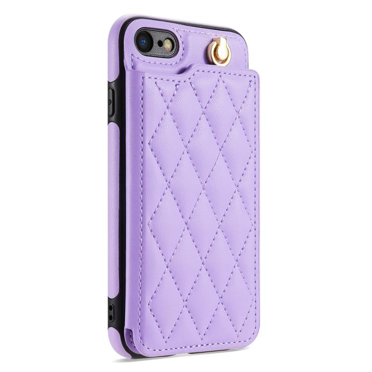 For iPhone 8 Plus / 7 Plus Rhombic Dual Buckle Card Slots Phone Case with Lanyard