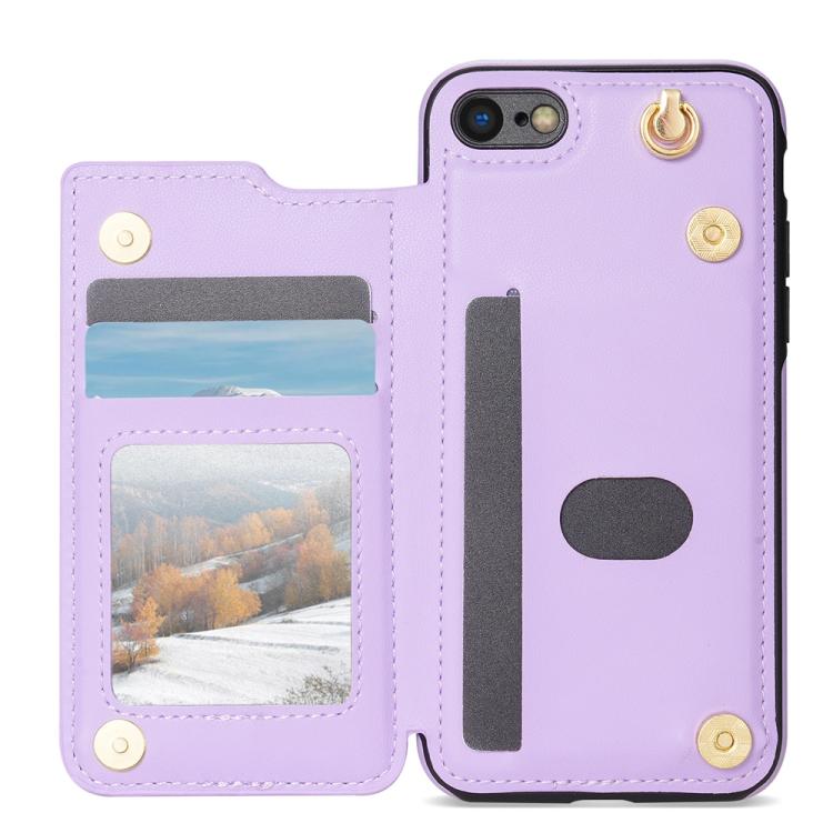 For iPhone 8 Plus / 7 Plus Rhombic Dual Buckle Card Slots Phone Case with Lanyard
