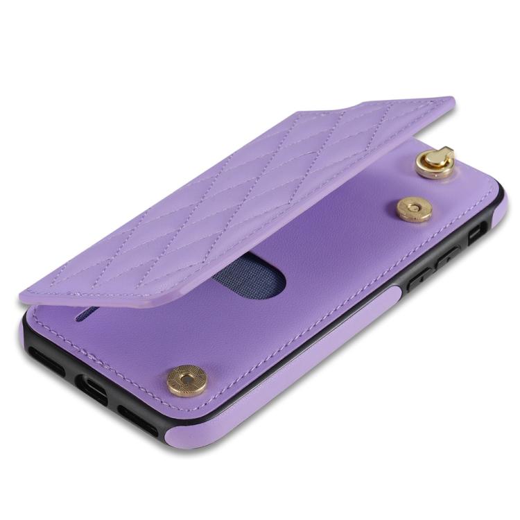For iPhone 8 Plus / 7 Plus Rhombic Dual Buckle Card Slots Phone Case with Lanyard