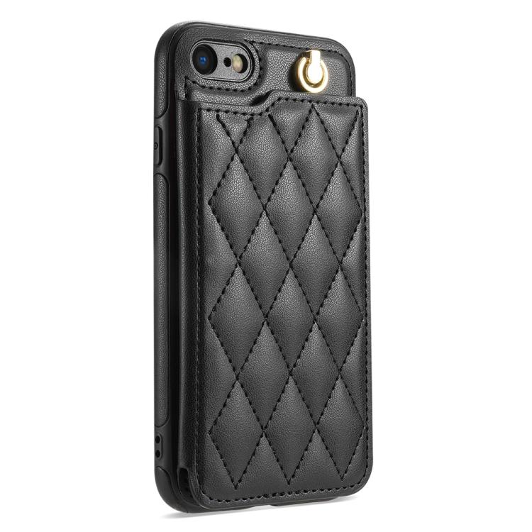 For iPhone SE 2022 / 2020 / 8 / 7 Rhombic Dual Buckle Card Slots Phone Case with Lanyard